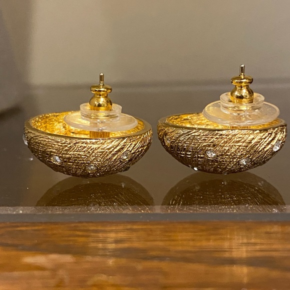 Christian Dior Gold Plated Clear Crystal Round Textured Dome Stud Post Earrings - Picture 3 of 8